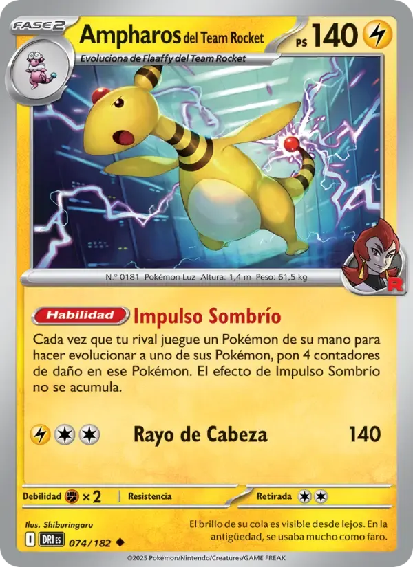 Ampharos del Team Rocket — Rivales Predestinados 74 Spanish Pokémon card