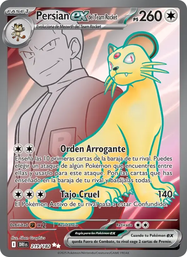 Persian ex del Team Rocket — Rivales Predestinados 219 Spanish Pokémon card