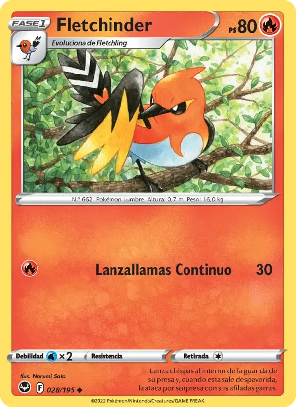 Fletchinder — Tempestad Plateada 28 Spanish Pokémon card