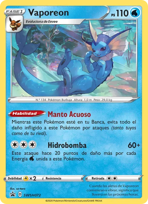 Vaporeon — Cartas de promoción ESES SWSH072 Spanish Pokémon card