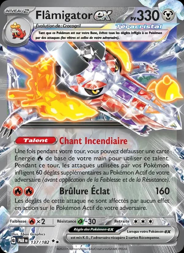 Flâmigator-ex — Faille Paradoxe 137 French Pokémon card