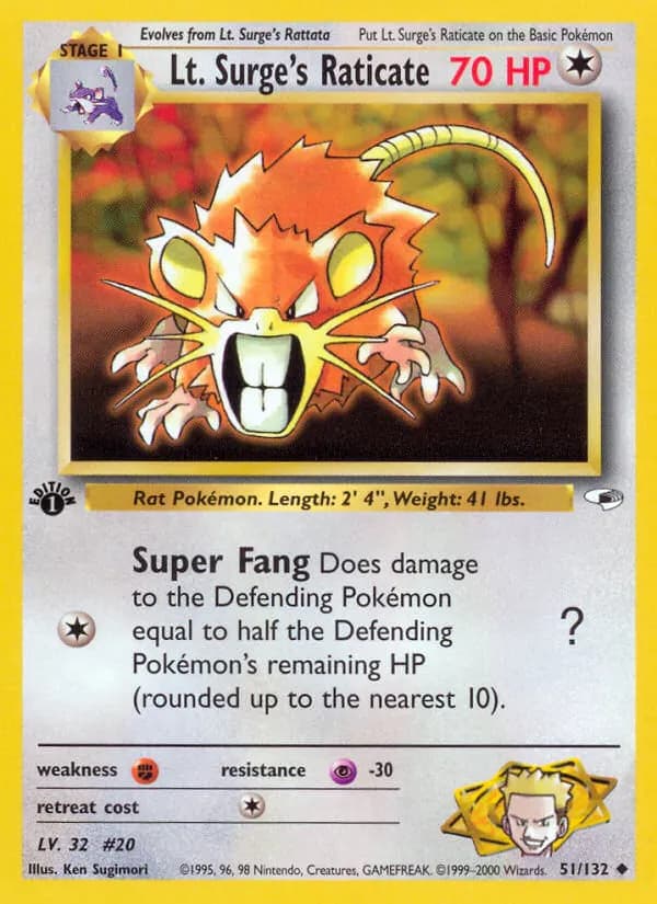 Lt. Surge's Raticate — Gym Heroes 51 Pokémon card