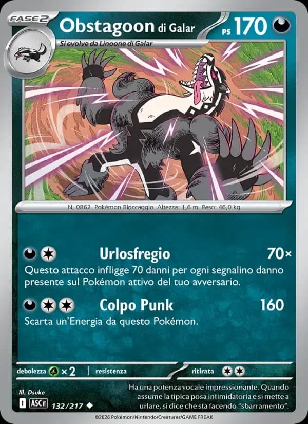 Obstagoon di Galar — Ascesa Eroica 132 Italian Pokémon card