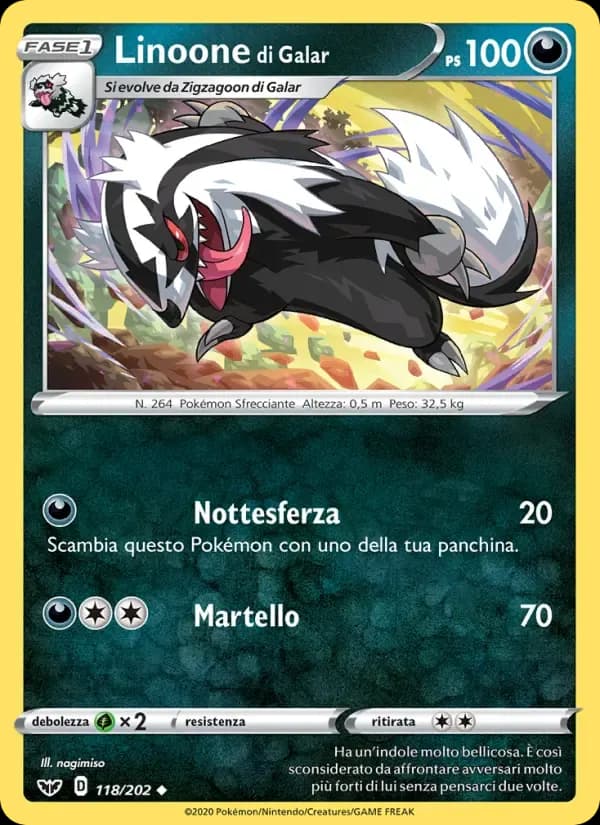 Linoone di Galar — Spada e Scudo 118 Italian Pokémon card