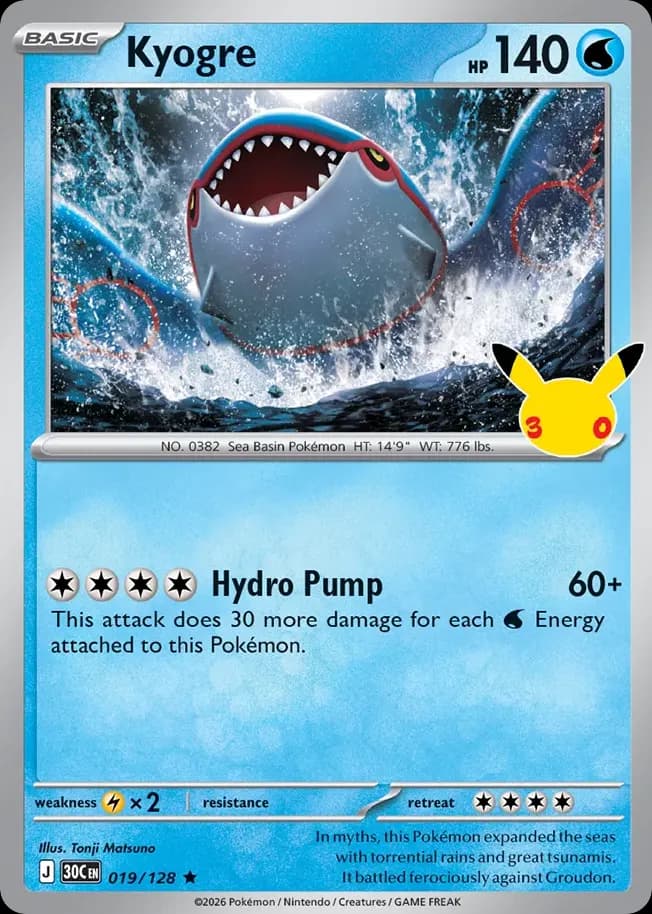 Kyogre — 30th Celebration 19 Pokémon card