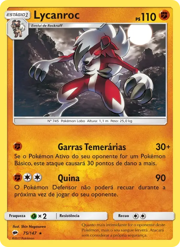 Lycanroc — Sombras Ardentes 75 Portuguese Pokémon card
