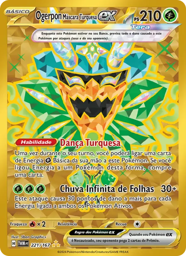 Ogerpon Máscara Turquesa ex — Máscaras do Crepúsculo 221 Portuguese Pokémon card
