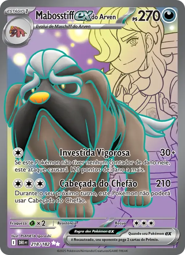 Mabosstiff ex do Arven — Rivais Predestinados 218 Portuguese Pokémon card