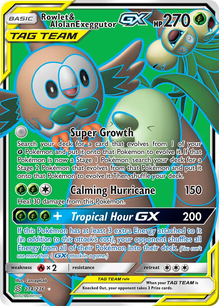 Rowlet & Alolan Exeggutor-GX — Unified Minds 214 Pokémon card