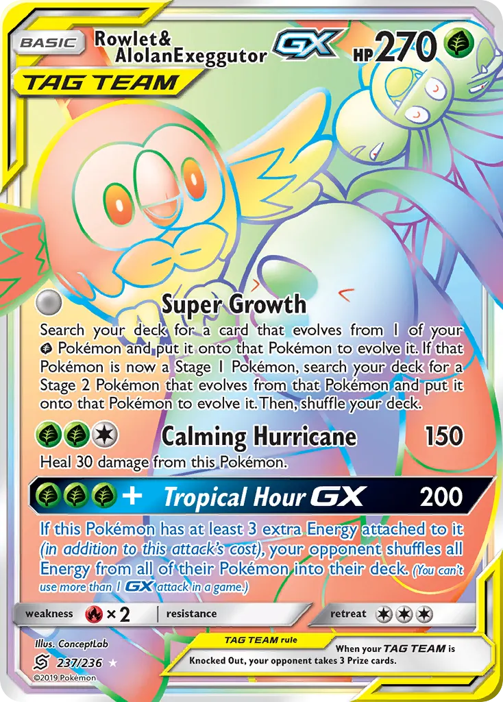 Rowlet & Alolan Exeggutor-GX — Unified Minds 237 Pokémon card