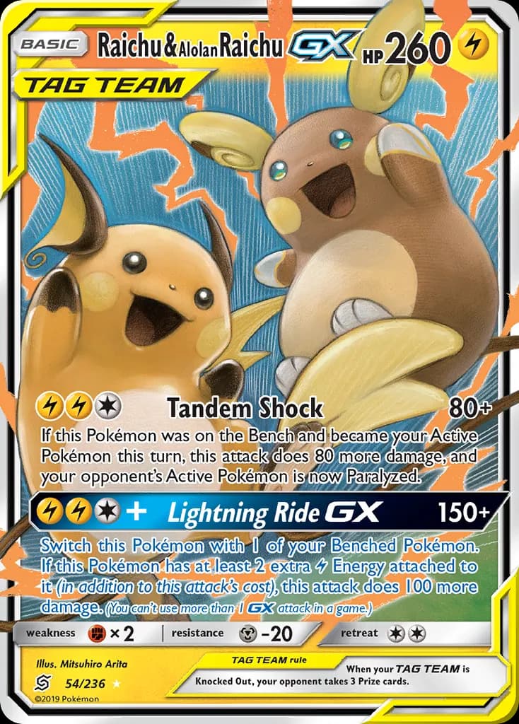 Raichu & Alolan Raichu-GX — Unified Minds 54 Pokémon card