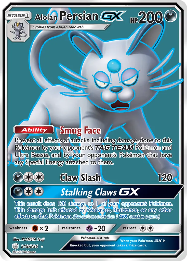 Alolan Persian-GX — Cosmic Eclipse 219 Pokémon card
