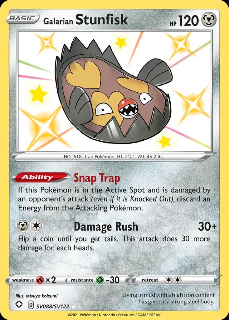 Stunfisk de Galar — Destinos Brillantes Tesoro Brillante SV088 Spanish Pokémon card